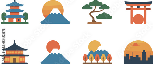 Minimalist Japanese culture icons set, flat design landmarks including pagoda, Mount Fuji, torii gate, bonsai tree, skyline illustration