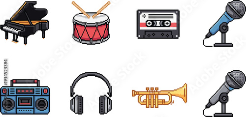 Retro pixel art music instrument icons, 8-bit audio equipment collection isolated on light background for game design