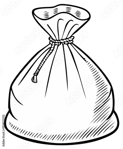 Hand Drawn Canvas Sack Tied with Rope, Empty Bag Outline for Coloring Book Pages