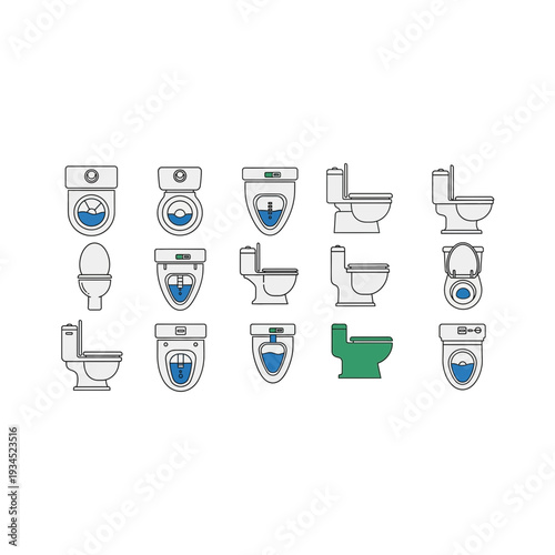Diverse Toilet Icons Set: Modern Bathroom Fixtures and Water Closet Collection