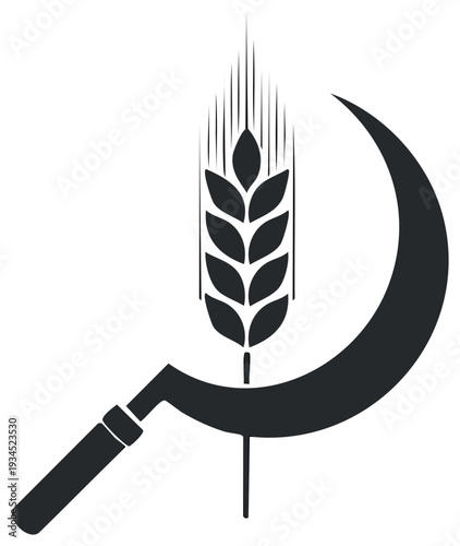 Abstract emblem of a wheat ear and a harvesting sickle symbolizing farming and unity