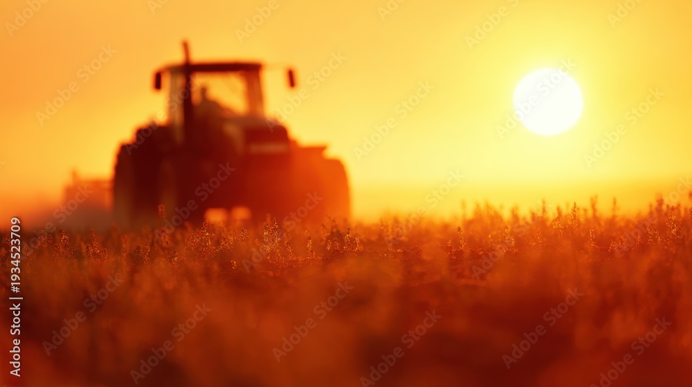 Fototapeta premium Tractor working in the field during sunset on a warm evening