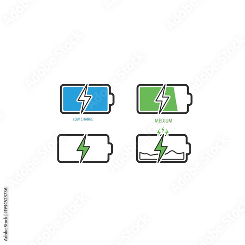Battery Charging Status Icons Set: Full, Medium, Low, and Empty Levels