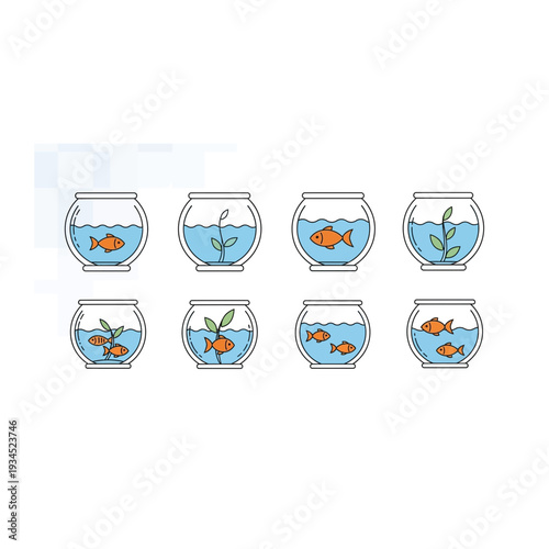 Goldfish in Different Bowls & Habitats Icon Set for Pet Store