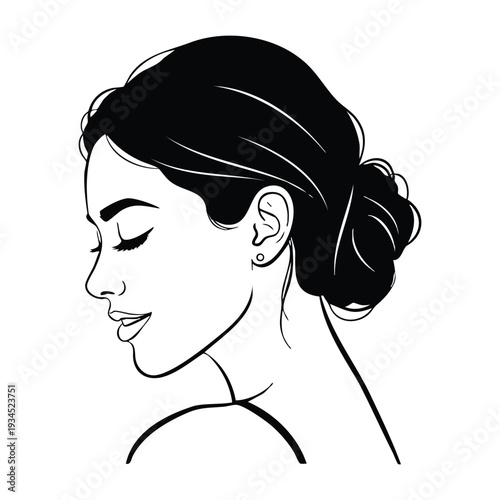 Vector art of a womans face in profile with her hair in a bun, smiling gently with closed eyes