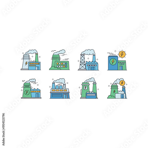 Industrial Factory Building Icon Set with Smoke Stacks and Machines