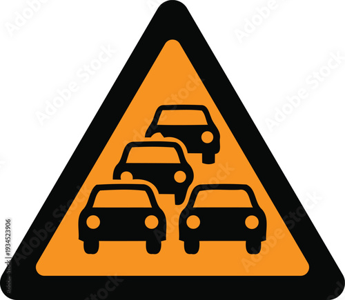 Road sign with multiple cars on orange background warning of merging traffic ahead on highway  traffic sign  road sign