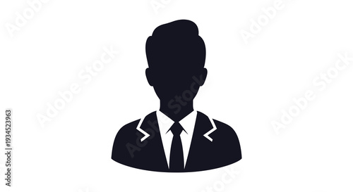 A stark black silhouette depicts a man in a suit and tie presenting a formal and anonymous figure silhouette