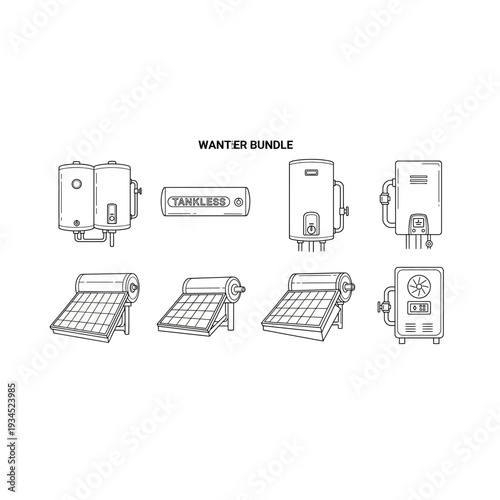 Water Heating Systems and Boiler Appliances Line Icons Bundle