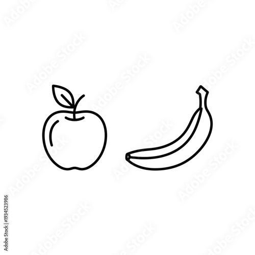 Fresh Apple and Banana Fruit Simple Line Art Vector Icons Set