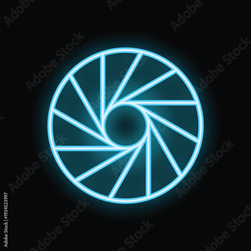 Neon blue camera shutter icon is glowing on a black background