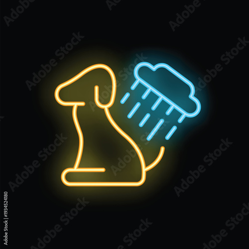 Neon icon of a dog pooping in the rain, representing responsible pet ownership and waste management