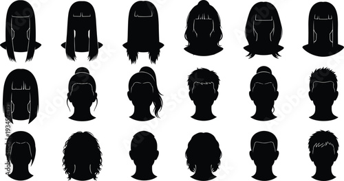 Set of black female hairstyle silhouettes and woman head profiles featuring various hair lengths curls ponytails and bobs for salon and fashion design.