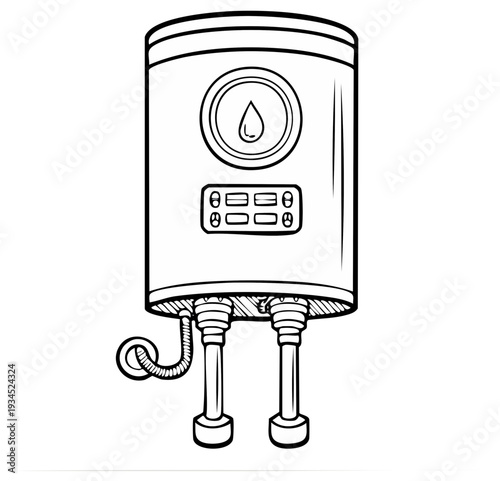 Clean Line Art Illustration of a Modern Electric Water Heater Appliance with Plumbing Connections
