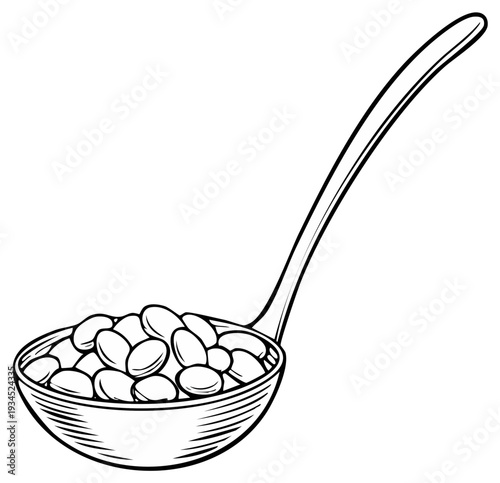 Line Art Illustration of a Ladle Filled with White Beans