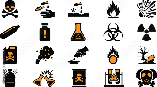 Toxic warning symbols icons set including biohazard radioactive poison warning signs and explosive warning symbols on white background