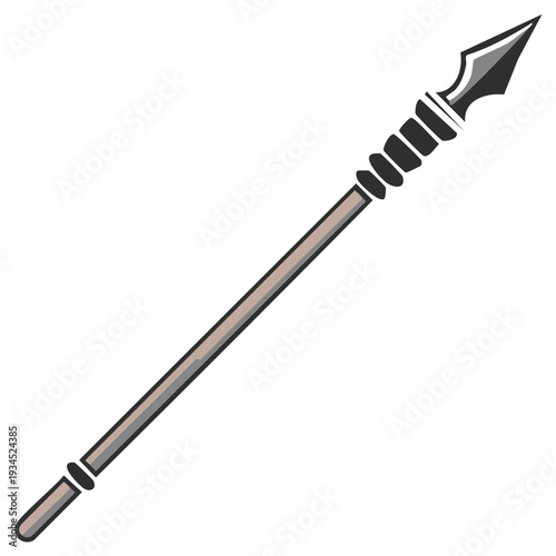 Illustrated spear with a grey shaft and black head against white background.