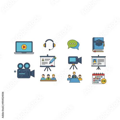 Online Education & Media Production Pixel Art Icons Collection