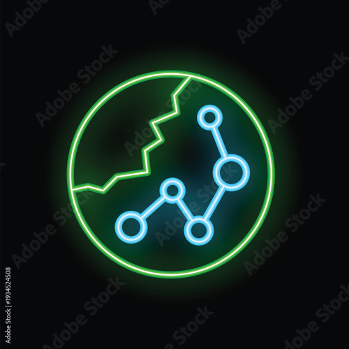 Bright neon icon of a connected network inside a globe breaking down, representing global connectivity issues