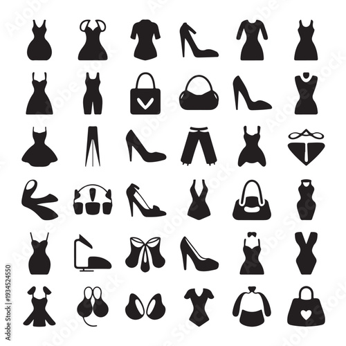 Assortment of black silhouette icons featuring women clothing fashion accessories shoes dresses and footwear items for style design