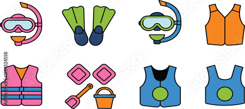 Snorkeling and swim safety gear icon set, colorful life jacket mask fins summer beach illustration