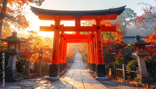 A vibrant, traditional red gateway frames a path leading into a serene autumn-colored forest with golden sunlight filtering through
