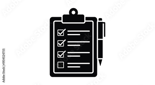 A black silhouette of a clipboard with checkboxes and a pen representing tasks and completion silhouette high quality
