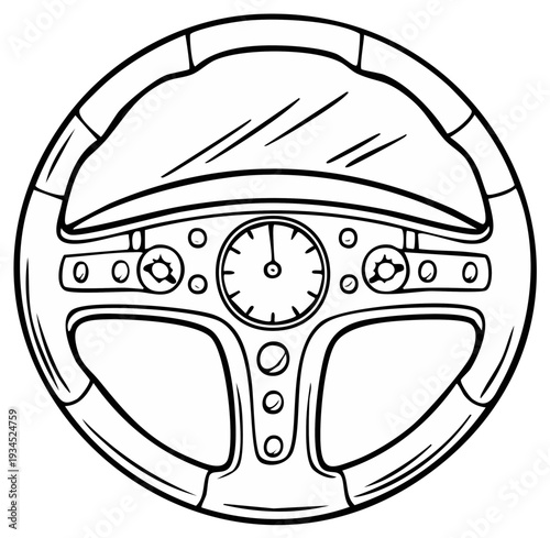 Stylized automotive steering wheel with classic dashboard elements and controls
