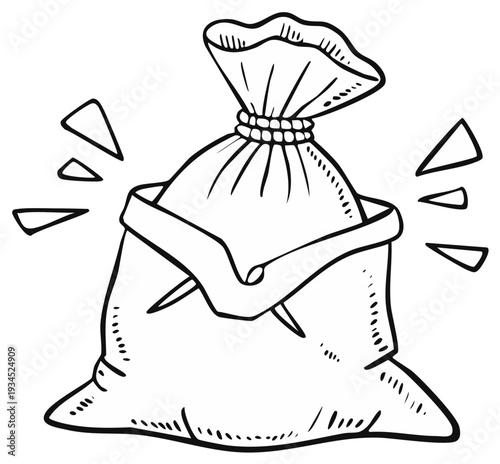 Drawn Illustration of a Tied Sack, Suggesting Monetary Value or Treasure, with Sparkling Elements