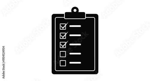 A black clipboard displays a checklist with several boxes marked representing tasks completed in a stark silhouette