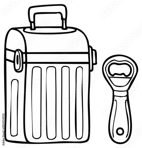 Cooler and Bottle Opener Outlined in Black and White Minimalist Design for Coloring Page