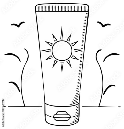Sun protection cream tube with sun emblem and stylized nature elements in sketch style