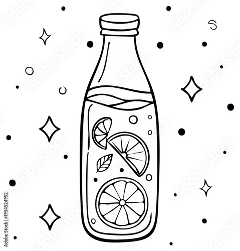 Black and white illustration of a refreshing fruit infused drink in a glass bottle with stars