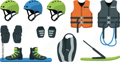 Water sports safety gear set, helmet life jacket wakeboard boots knee pads and equipment illustration collection