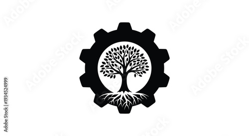 A striking black design featuring a tree within a gear symbolizing growth and mechanics a bold silhouette