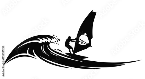 A dynamic black silhouette of a windsurfer riding a large wave capturing speed and motion silhouette high quality