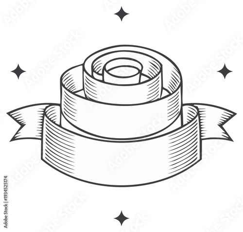 Ornamental engraved ribbon banner with stars vector emblem, hand-drawn decorative banner