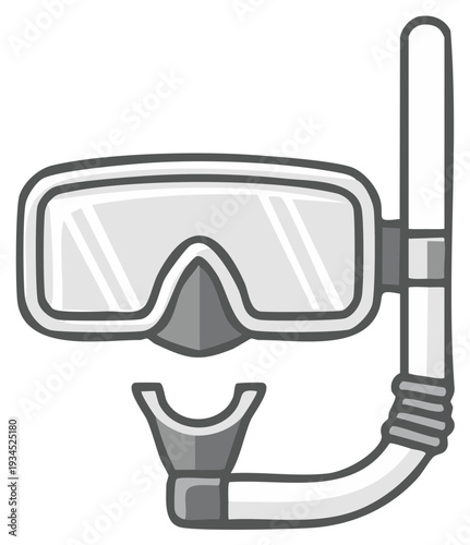 A simple grayscale cartoon illustration of a snorkel mask and breathing tube for diving