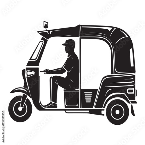 Silhouette of a tuk-tuk auto rickshaw with driver, transportation icon, urban travel, public transport, side view, isolated on transparent background