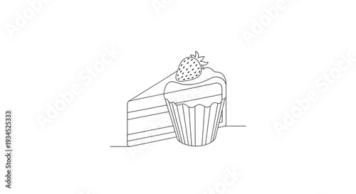A minimalist line art illustration of a cupcake with a strawberry on top and a slice of cake beside it