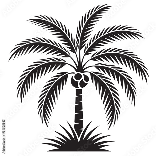Stylized silhouette of a palm tree with coconuts and tropical foliage isolated on a transparent background, perfect for summer and vacation designs
