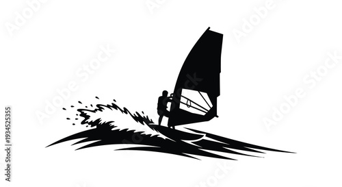 A dynamic black silhouette of a windsurfer riding a wave with splashing water a striking visual silhouette