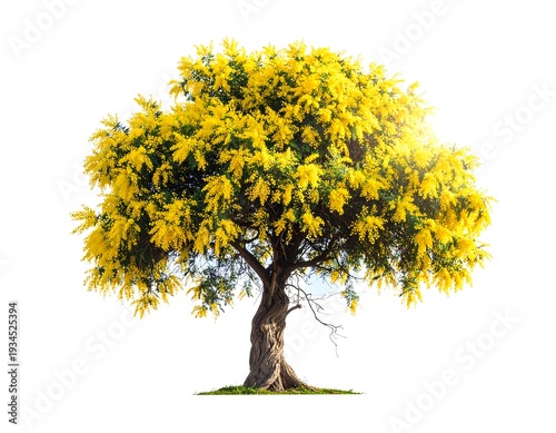 A vibrant tree with lush, yellow blooms against a pure white backdrop. The sunlight filters through, highlighting the full, round shape