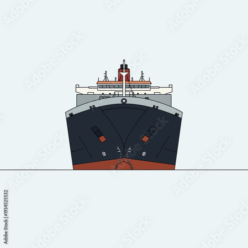 Front view of a large cargo ship sailing on the ocean, industrial transport, logistics