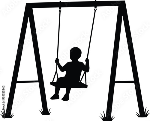 Silhouette child on swing set, outdoor play illustration, childhood nostalgia concept, playground activity design, leisure lifestyle art