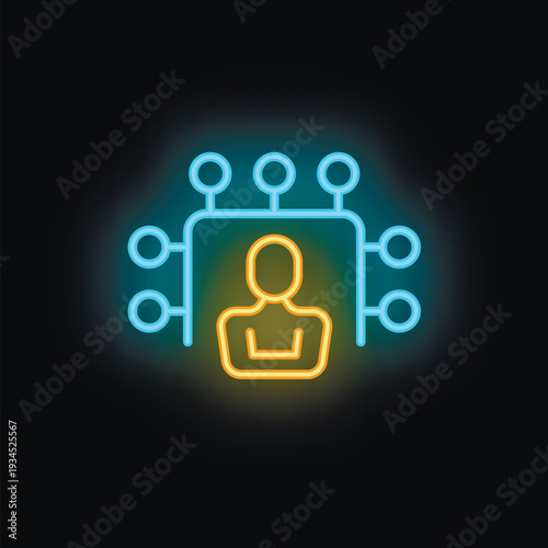 Neon icon of a person connecting to a network using a central hub, symbolizing concepts such as networking, technology, and communication