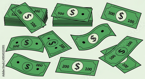 A vector graphic illustration of green paper money bills flying in the air, symbolizing wealth and finance.