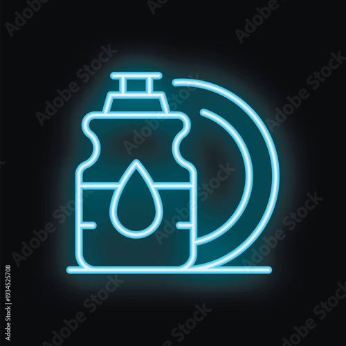 Blue glowing neon icon of dish soap bottle and plates, representing dishwashing