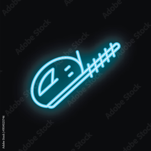 Blue neon icon of a chainsaw glowing against a black background