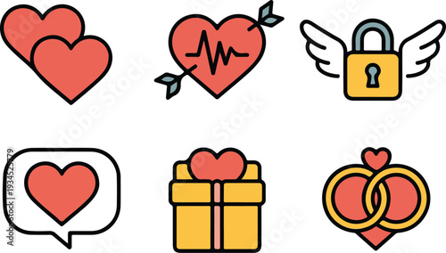 Collection of love themed icons including hearts, cupid arrow, padlock, chat bubble, gift box, and rings.